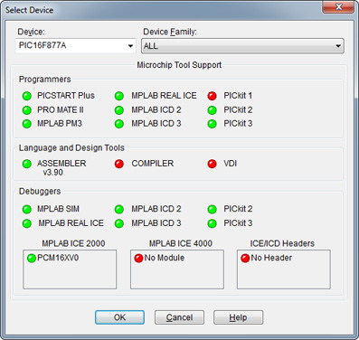 MCU MPLAB IDE Select Device