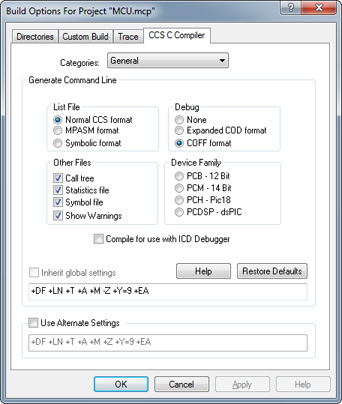 MCU MPLAB IDE Project Options